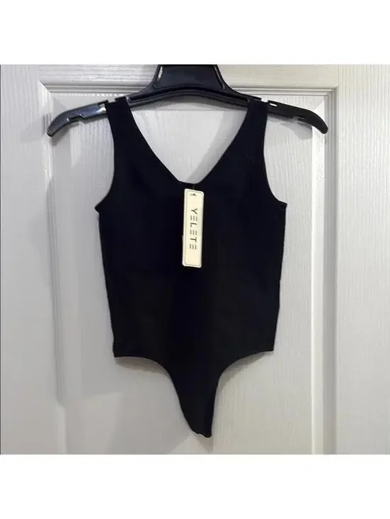 Yelete Black Bodysuit with Deep V-neck and High-cut Legs - Picture 1 of 4